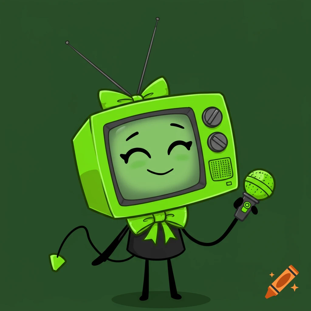 Cartoon lime green TV character with a bow and tail, holding a microphone.