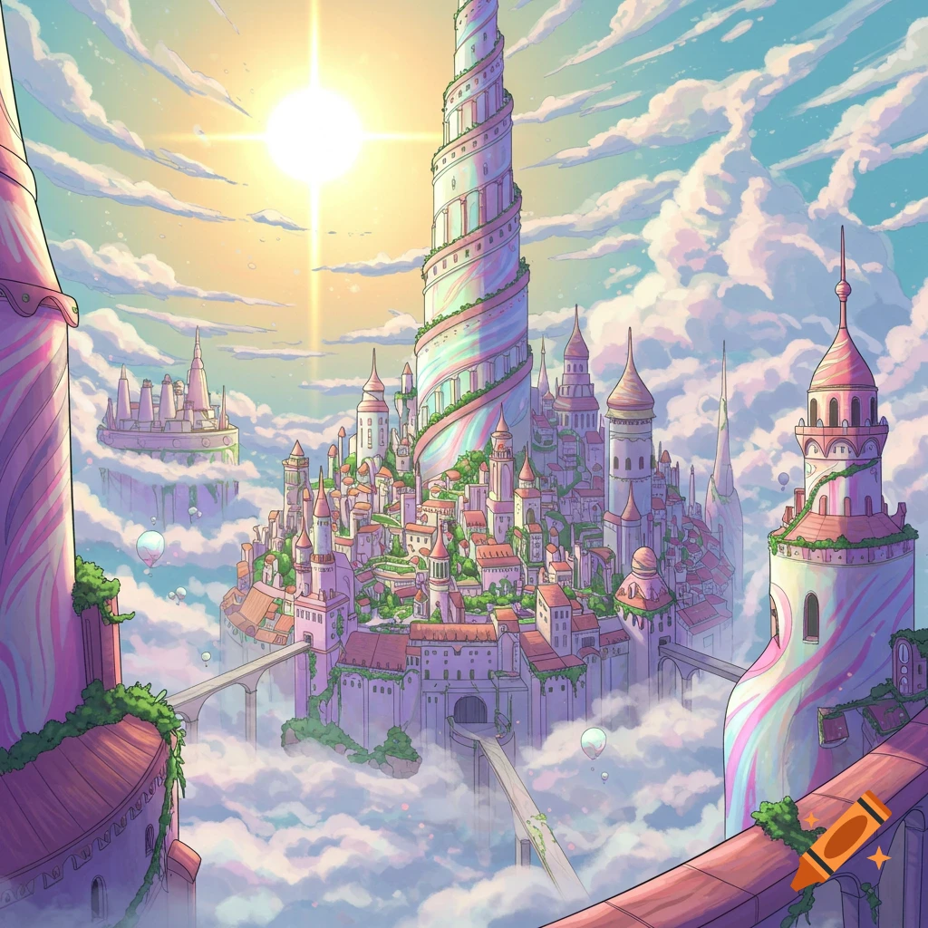 A fantasy city with spiraling towers floating on islands in the sky among clouds under a bright sun.