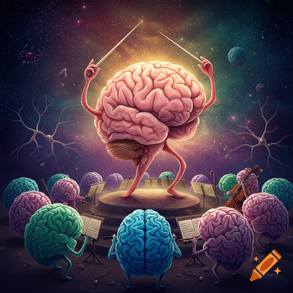 A pink brain conducts an orchestra of colorful brains in space.