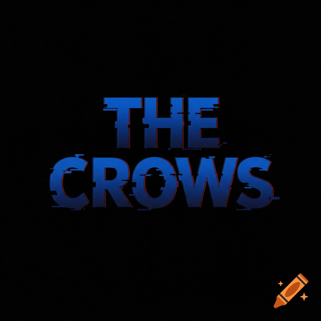 Blue and black gradient text 'THE CROWS' with glitch effects on a black background.