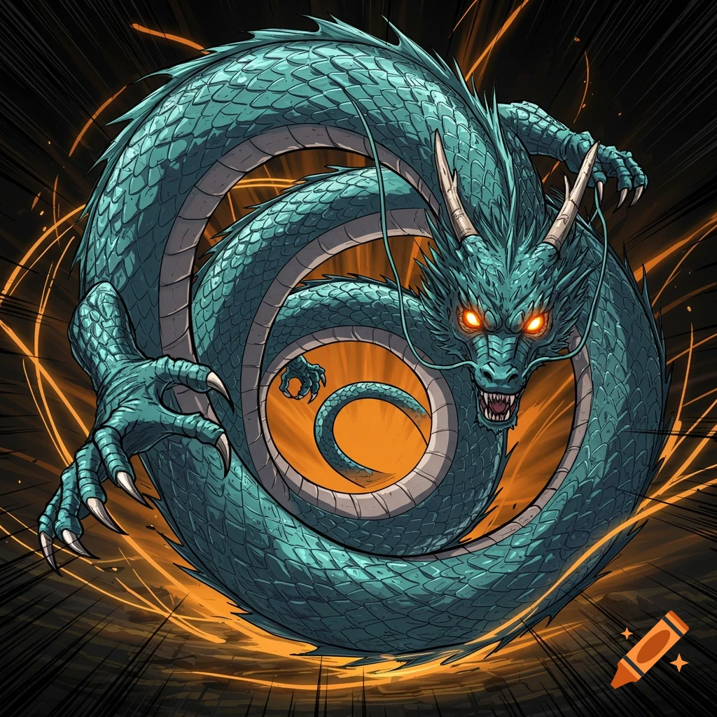 Teal dragon coiled in a circle with glowing eyes, comic book style with orange energy background.