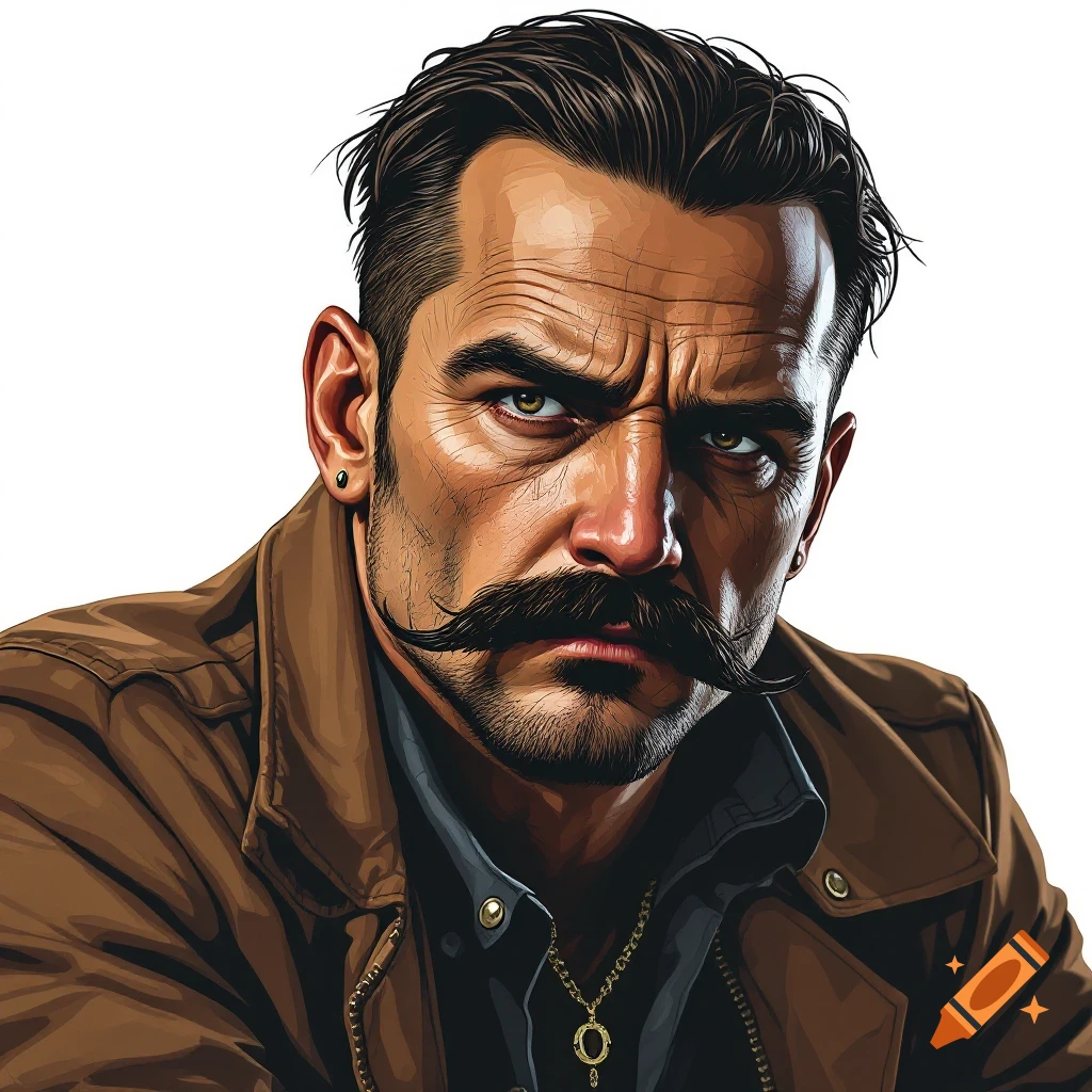 Stylized portrait of a man with a horseshoe mustache and brown jacket.
