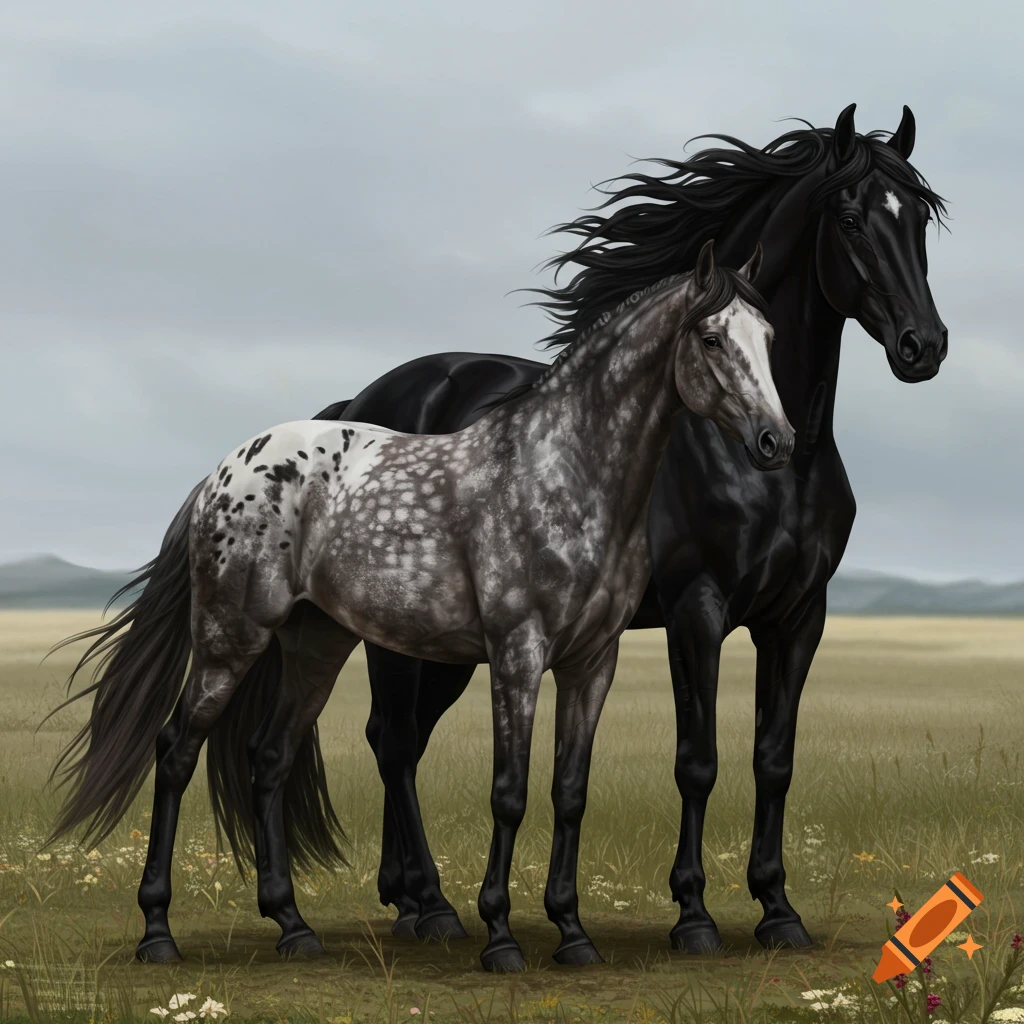A black horse stands next to a dappled grey horse in a grassy field under a cloudy sky.