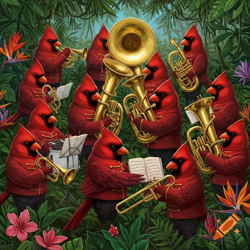 Red cardinal birds in a concert band playing brass instruments in a tropical forest.