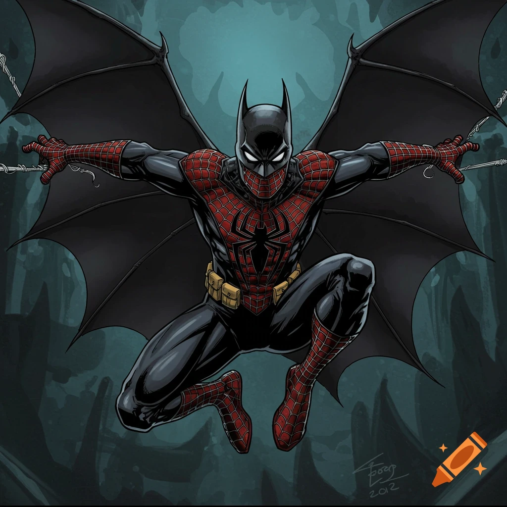 Illustration of a Spider-Man and Batman fusion character swinging