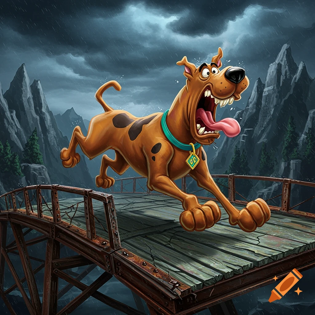 Scooby-Doo running scared across a rickety bridge. on Craiyon, image size:1024x1024