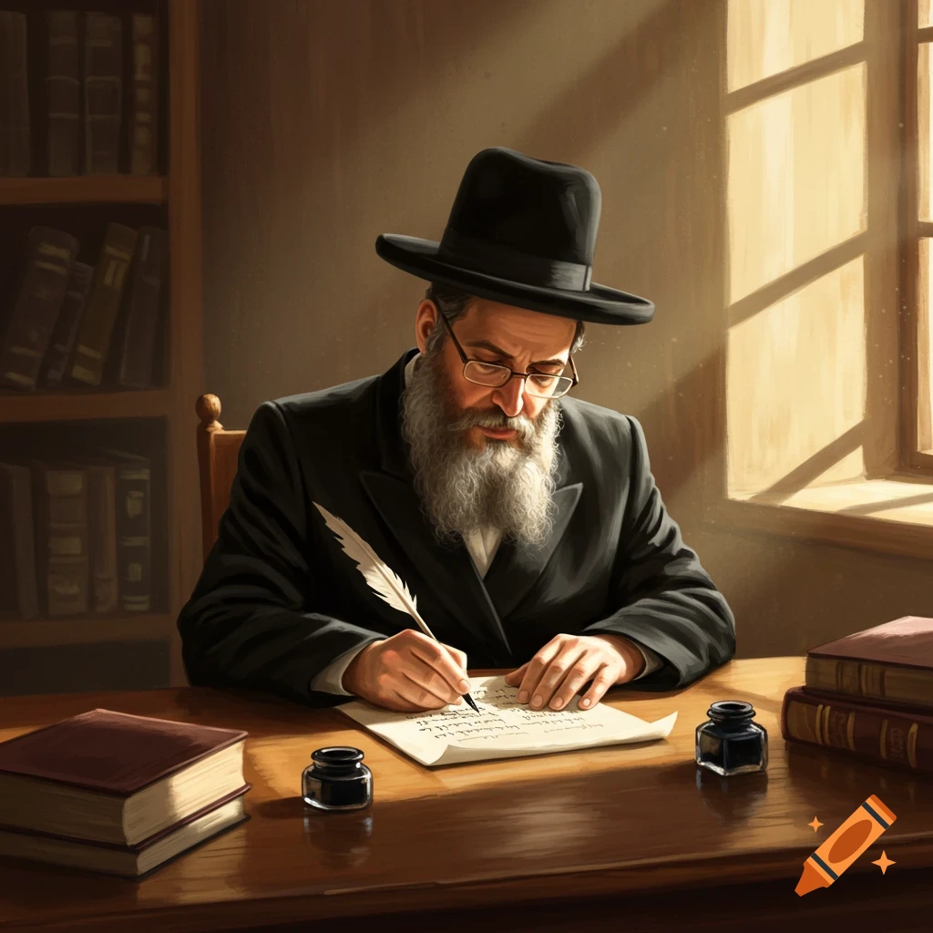 A man in a hat and beard writing with a quill pen at a desk.