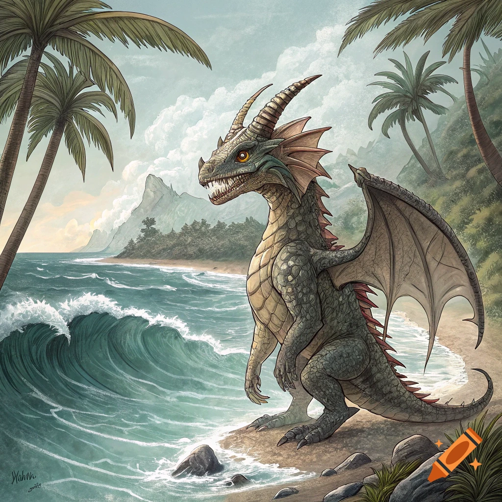 A green dragon stands on a tropical beach looking at the ocean.