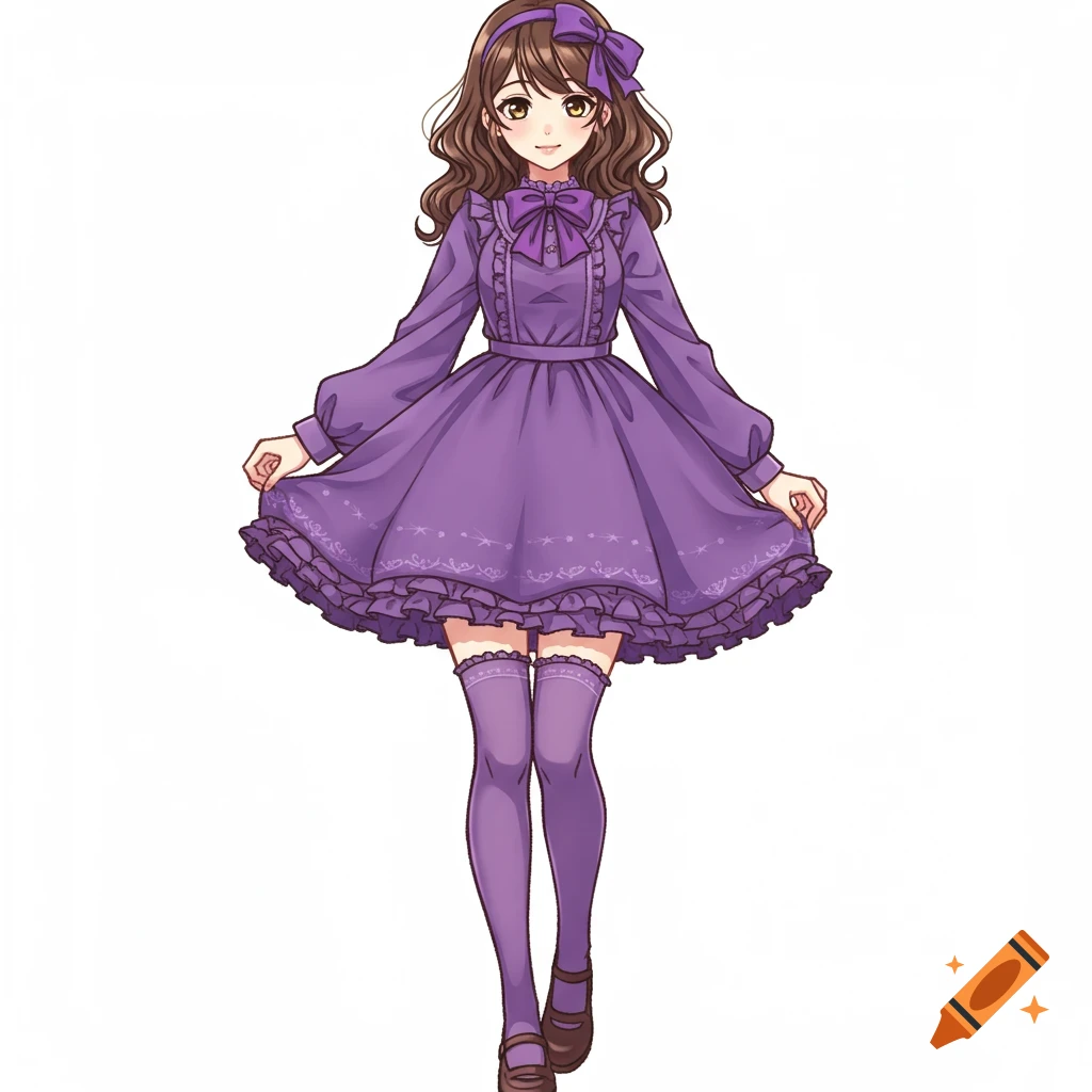 An anime girl with brown hair and hazel eyes wears a purple dress, bow, knee-high socks, and Mary Jane shoes on a white background.