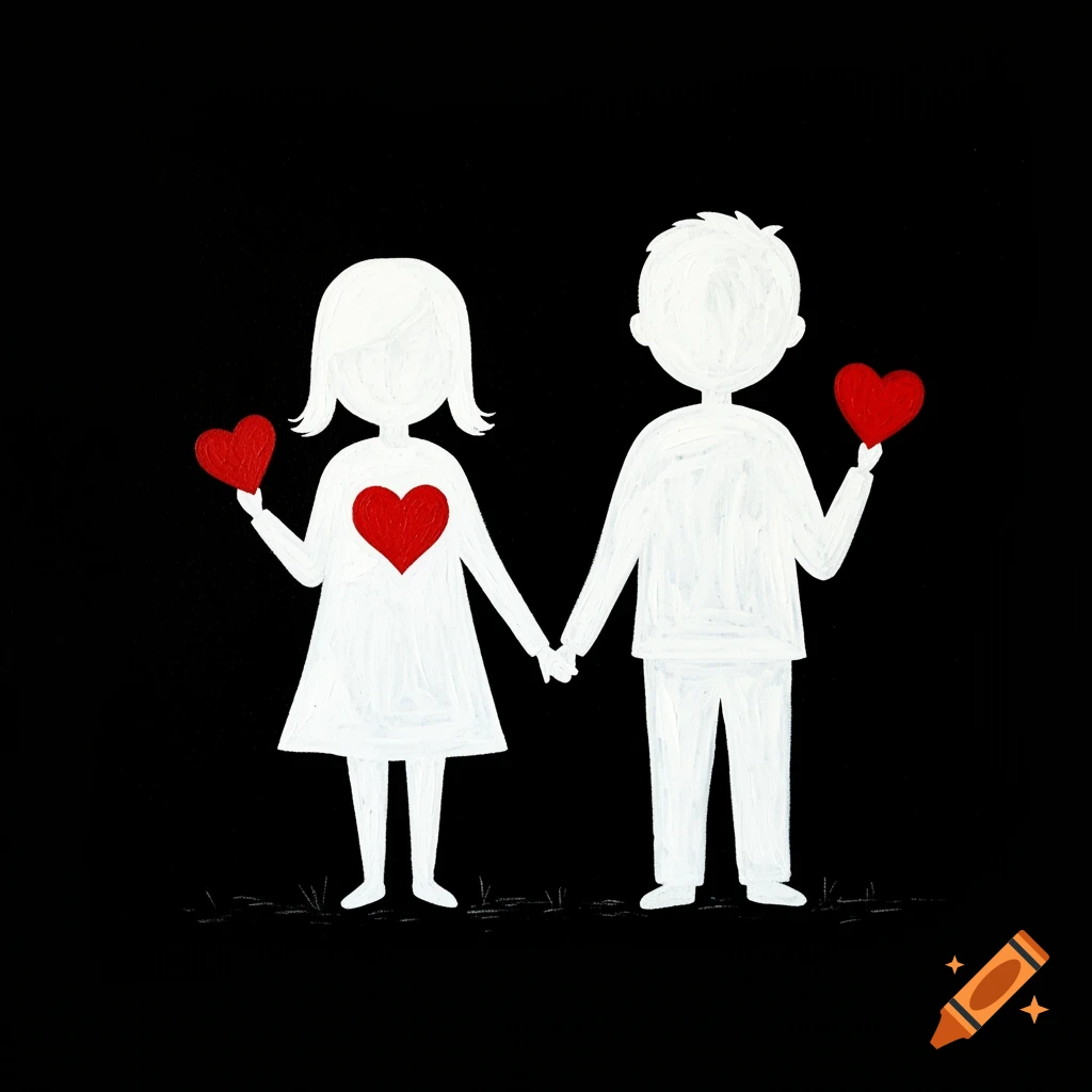 A stylized image of two white figures, a boy and a girl, holding hands and red hearts against a black background.