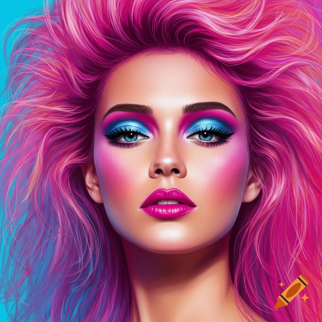 A woman with bright pink hair and colorful 1980s makeup.
