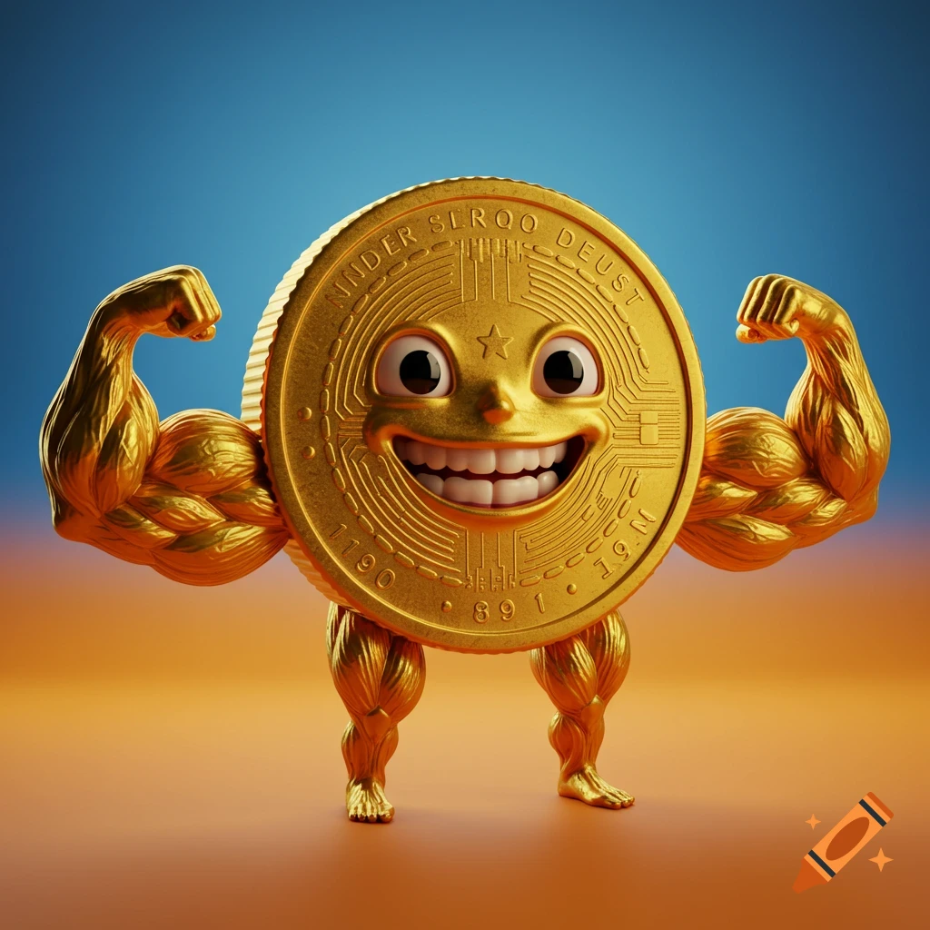 Smiling gold coin character with large muscular arms and legs stands against a blue and orange background.