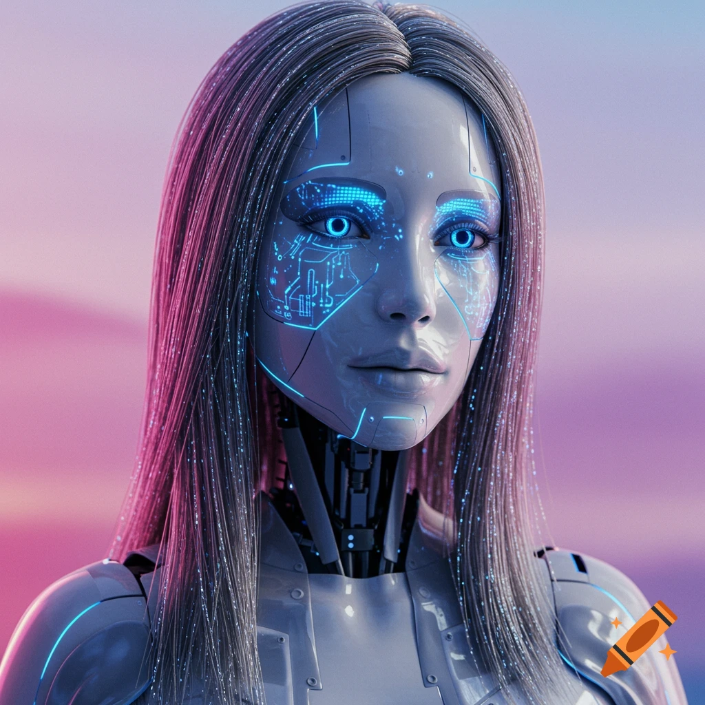 Close-up portrait of a feminine droid with glowing blue facial circuits.