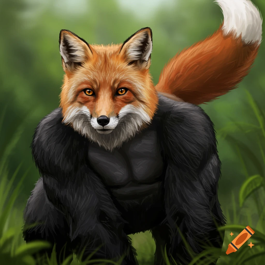 A fantasy creature with a fox head and gorilla body in a forest.