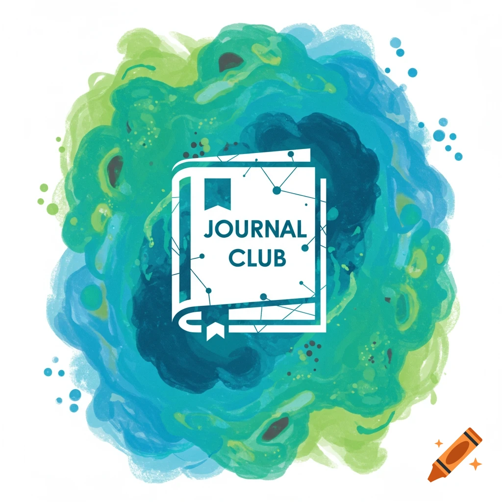 Illustration of a white book icon with 'JOURNAL CLUB' text on a splash of blue and green watercolor.