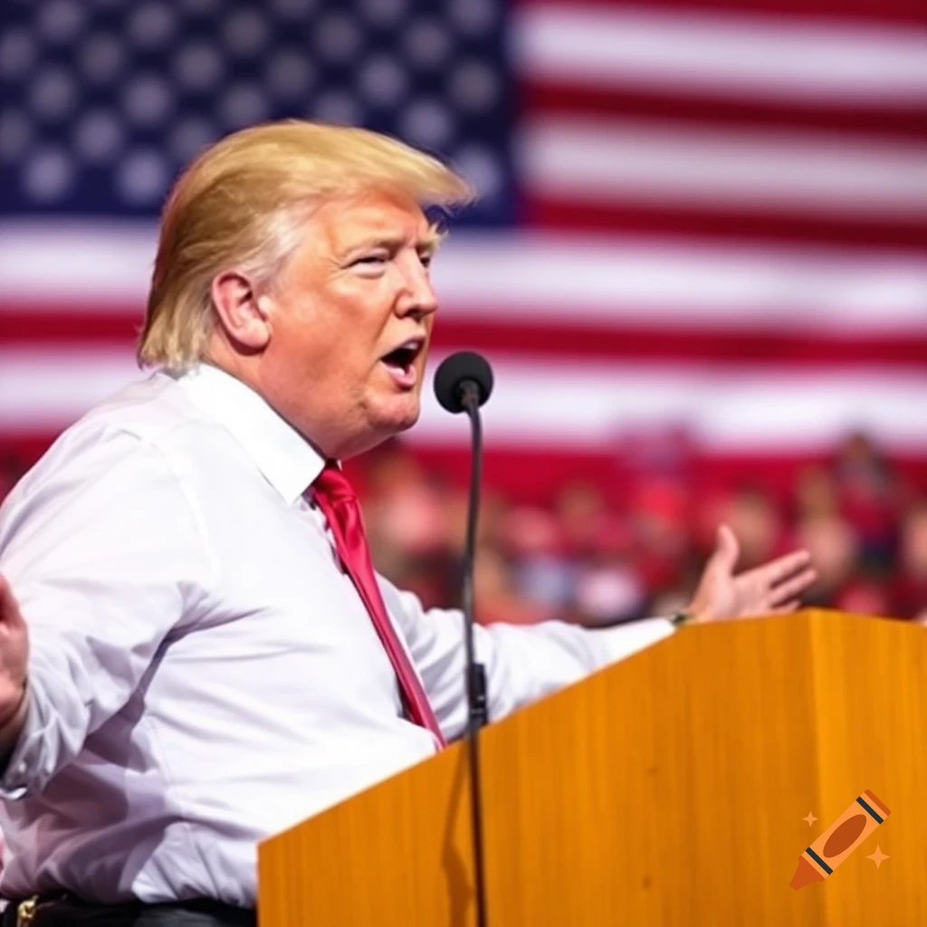 Donald Trump speaking at a rally in front of an American flag.