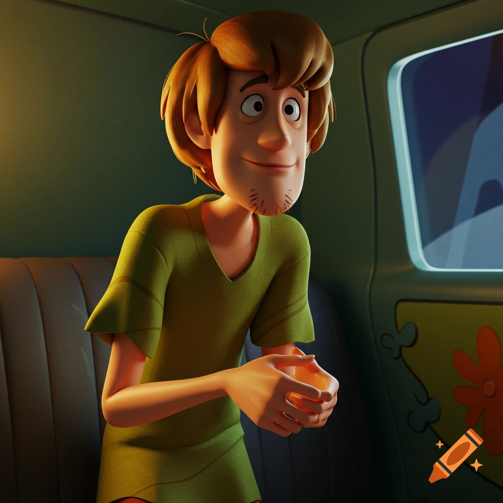 Shaggy from Scooby Doo in a 3D animated style sitting inside the Mystery Machine.