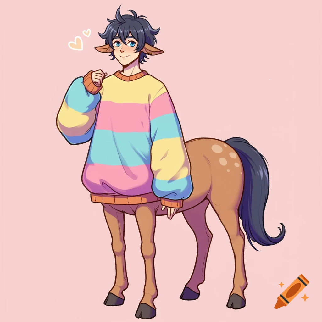 Anime illustration of a young male centaur in a colorful striped sweater.