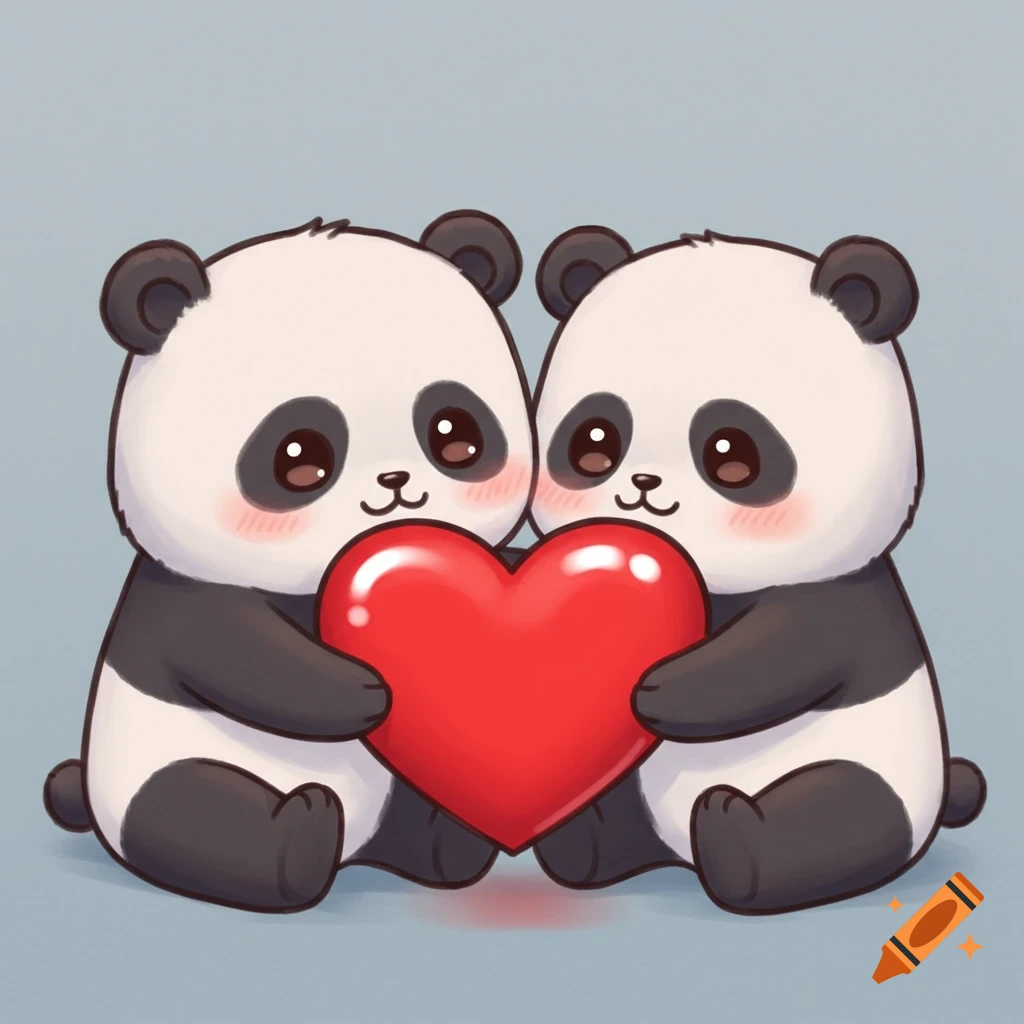 Two cute kawaii pandas holding a red heart
