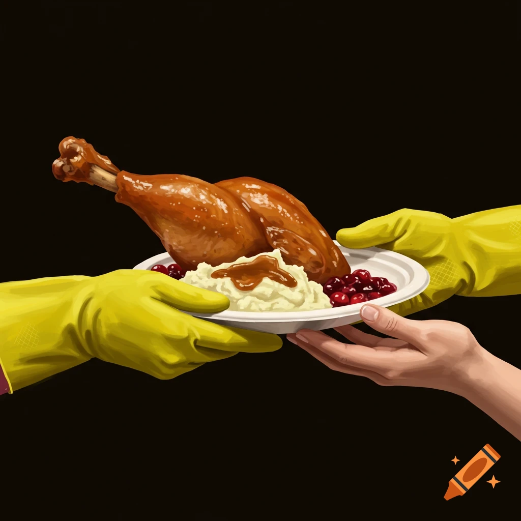 A plate of turkey, mashed potatoes, and cranberries is passed between two hands, one in a yellow rubber glove.