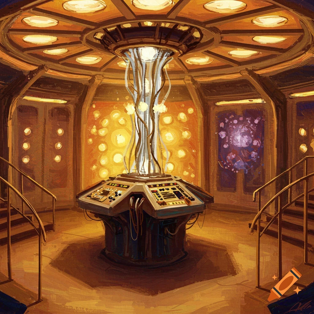 The interior of the Doctor Who TARDIS console room