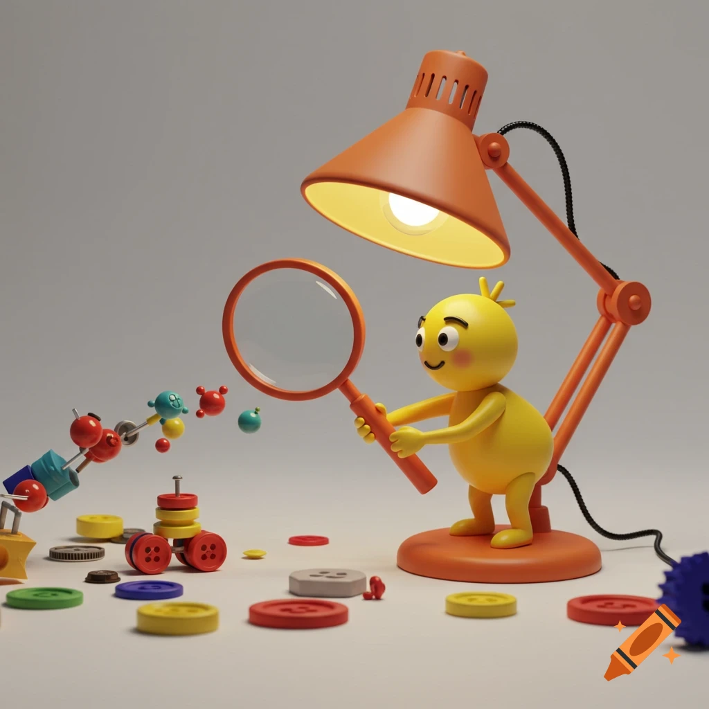 Yellow cartoon character with magnifying glass and lamp surrounded by toys and buttons, 3D render.