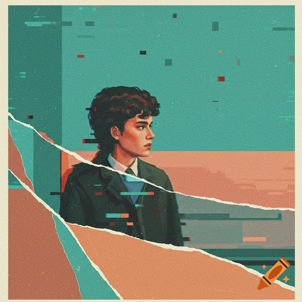 A person in profile with retro colors, VHS static effects, and paper tears.