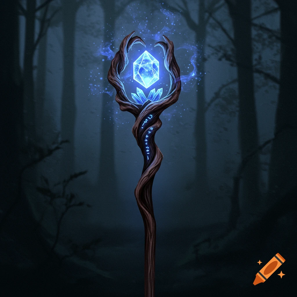 A wooden wizard staff with glowing blue runes carved into it, topped with a luminous blue crystal, in a dark forest.