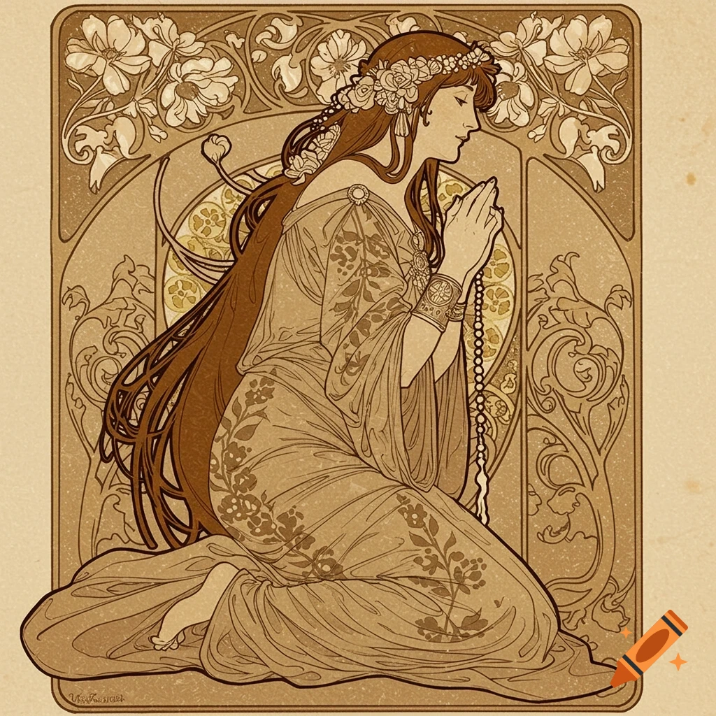 Art Nouveau drawing of a woman kneeling and praying, with long hair, a floral wreath, and decorative elements.