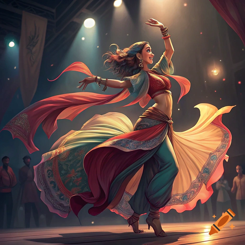 A woman in a colorful, flowing costume dances on a stage under spotlights, arms raised.