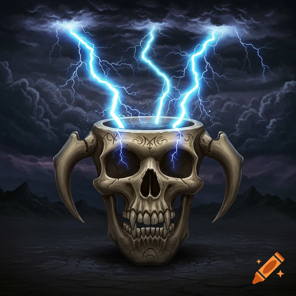 A skull cup with horns catching blue lightning bolts from a stormy sky.
