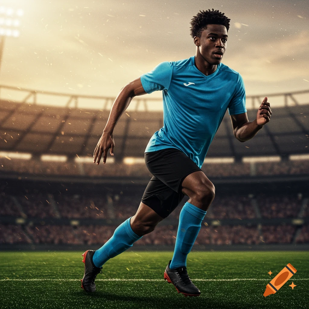 A male soccer player in a blue jersey and black shorts runs across a grass field in a stadium.