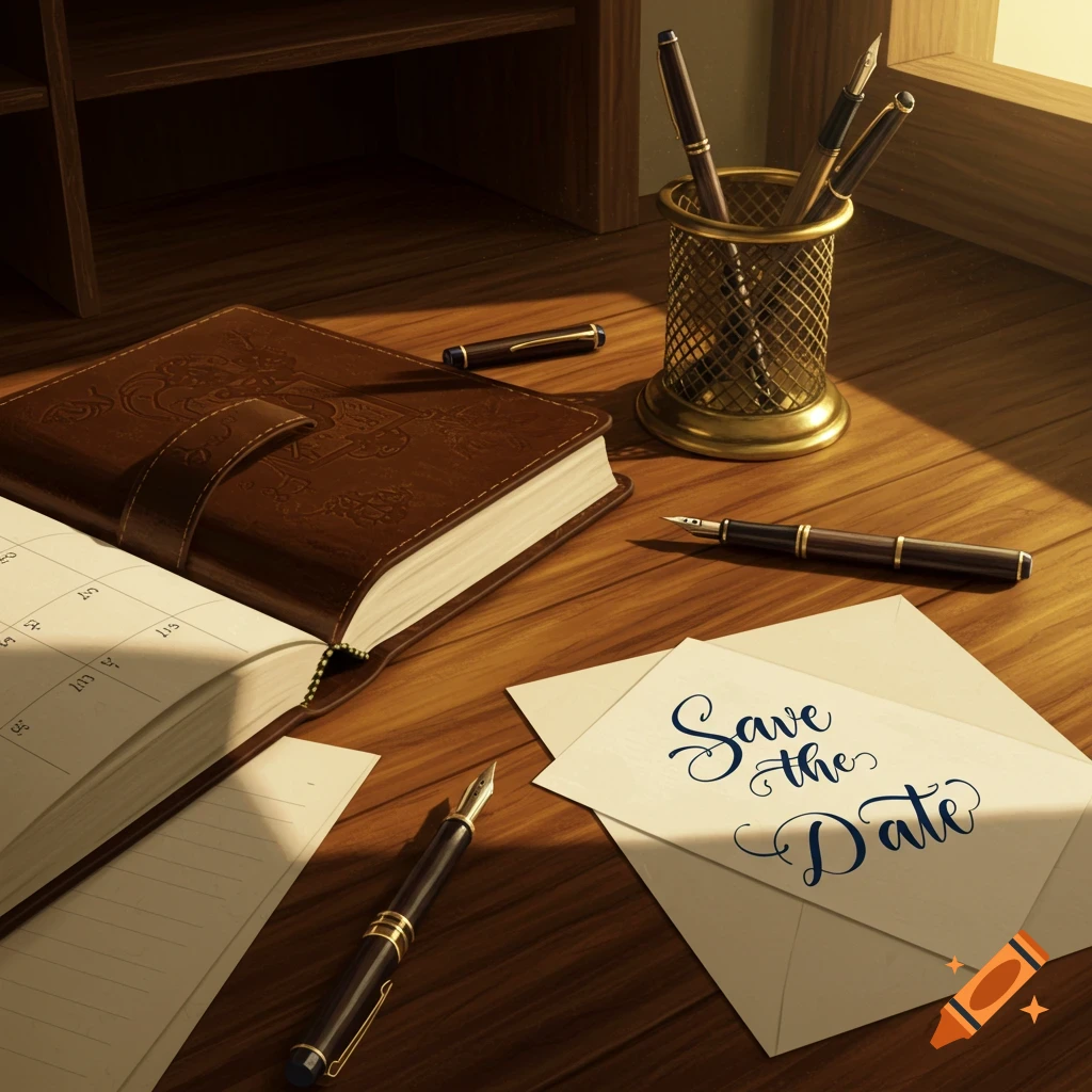 A wooden desk is shown with a planner, pens, note paper, and an envelope saying Save the Date.