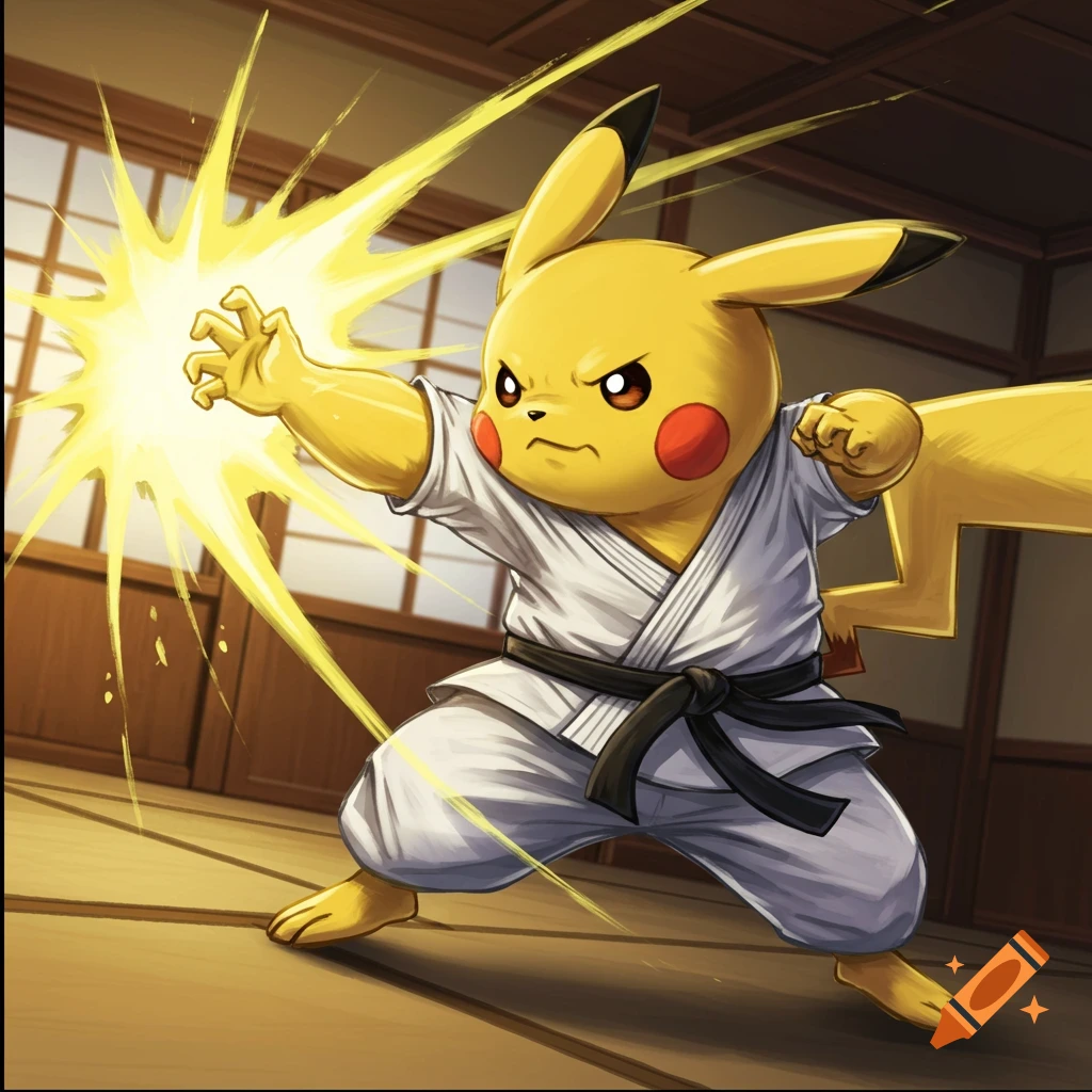 Pikachu doing karate in a dojo, punching with energy.
