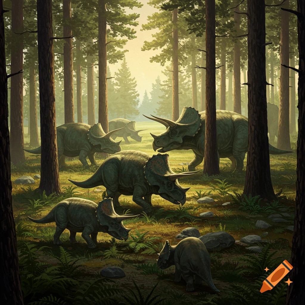 A triceratops herd in a pine forest.
