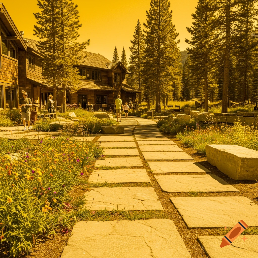 A stone path leads through a sun-drenched courtyard toward a large wooden lodge surrounded by pine trees and wildflowers.
