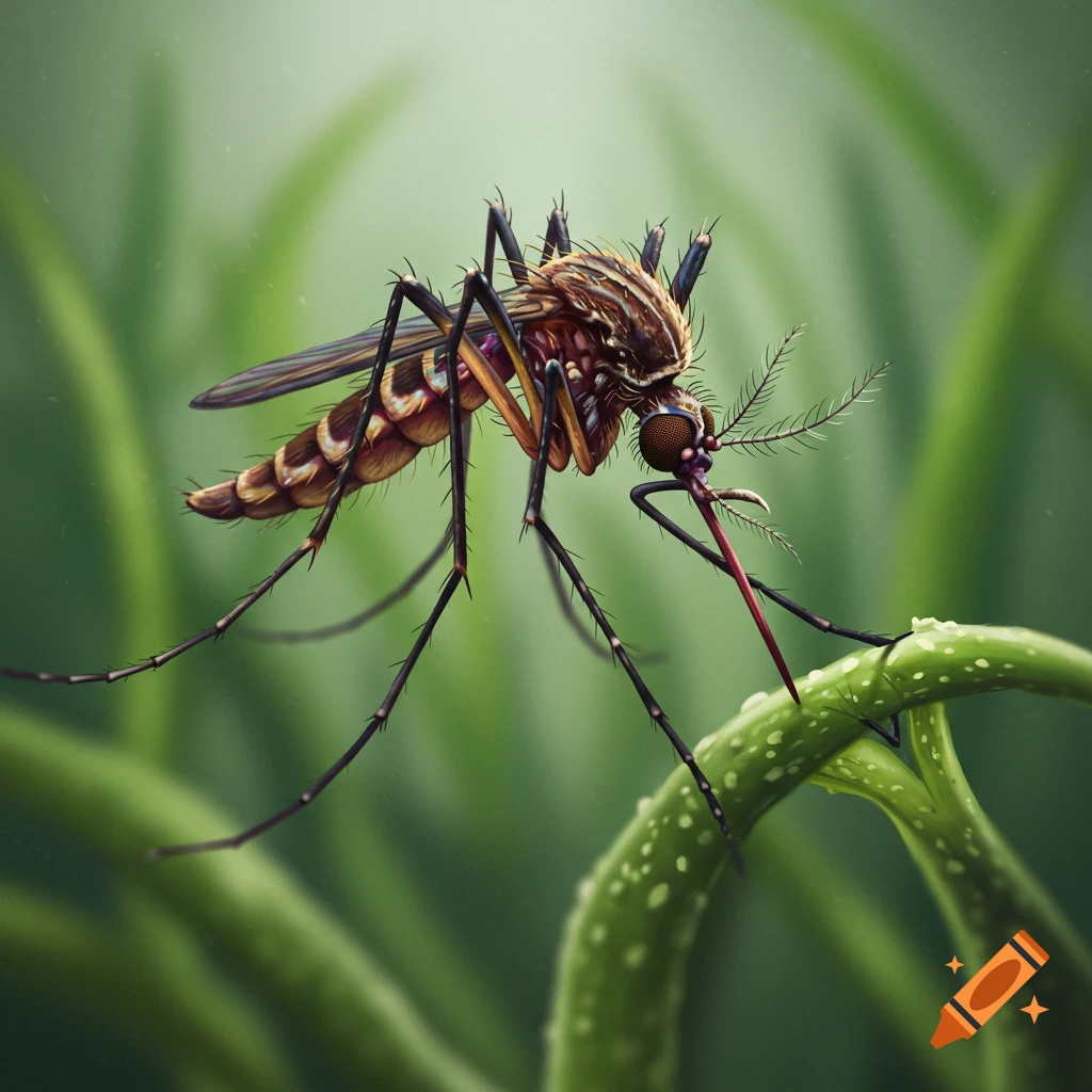A mosquito is perched on a green stem with water droplets.