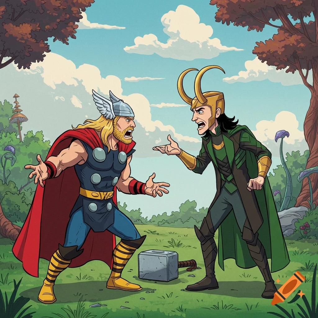 Thor and Loki argue in a cartoon style