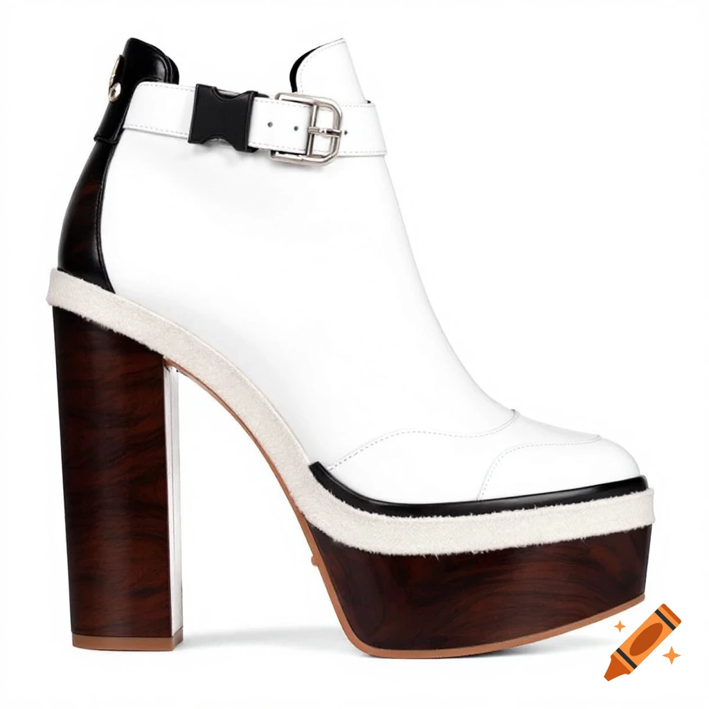 White platform ankle boot with dark wood heel