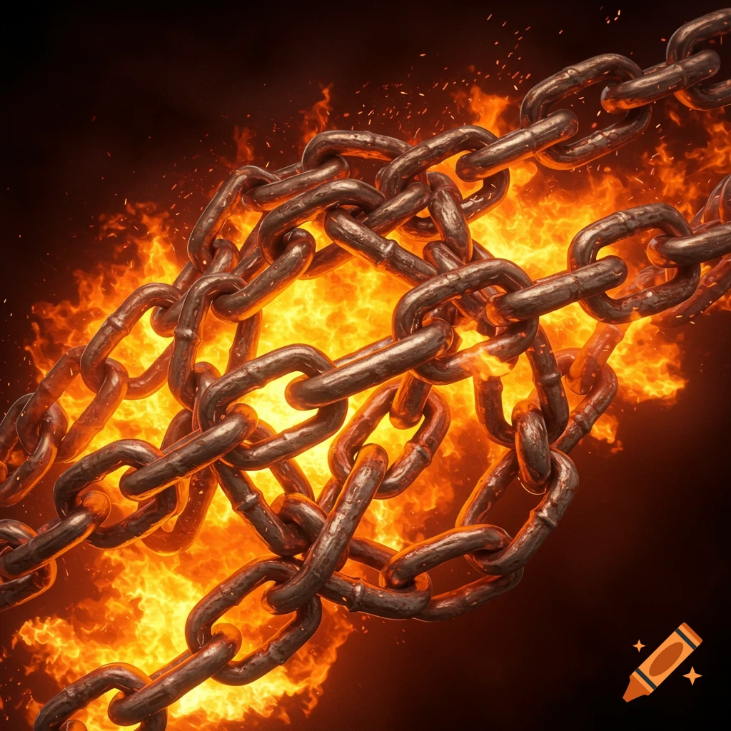 Intertwined metal chains against a background of bright orange flames.