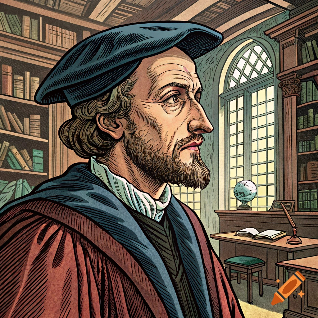 Comic book style illustration of Philip Melanchthon in a library, wearing academic robes and a cap, looking right.
