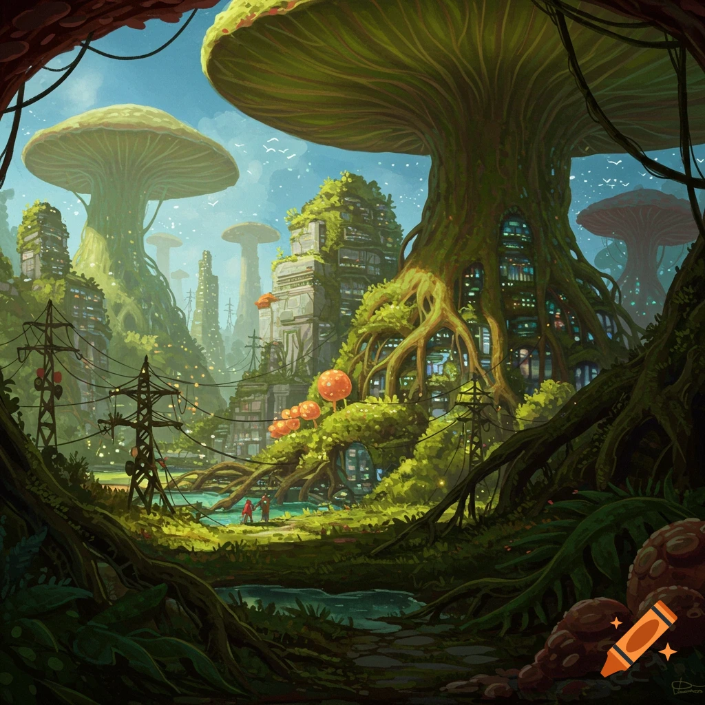 A bio-organic city grown from giant mushrooms and plants with root power lines and spore streetlights.