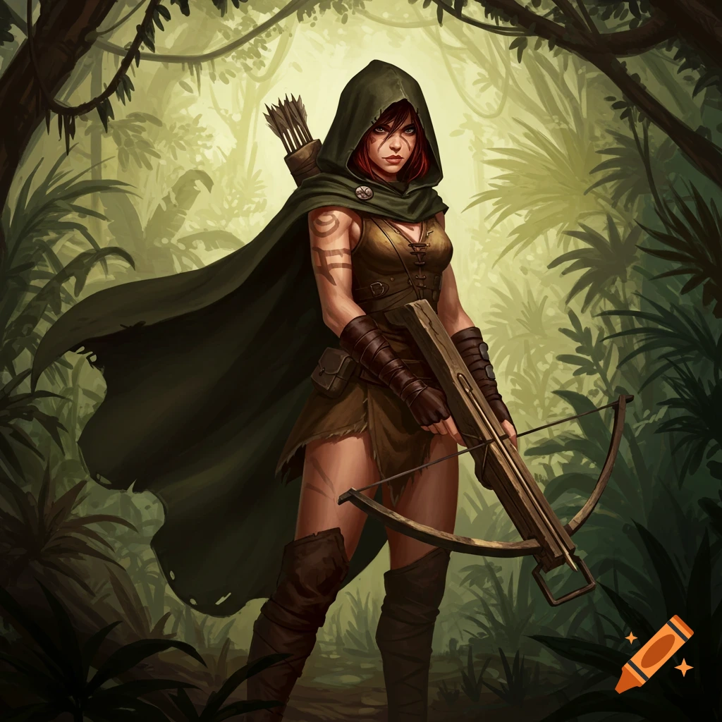 A woman hunter in a hooded cape holding a crossbow in a jungle forest.