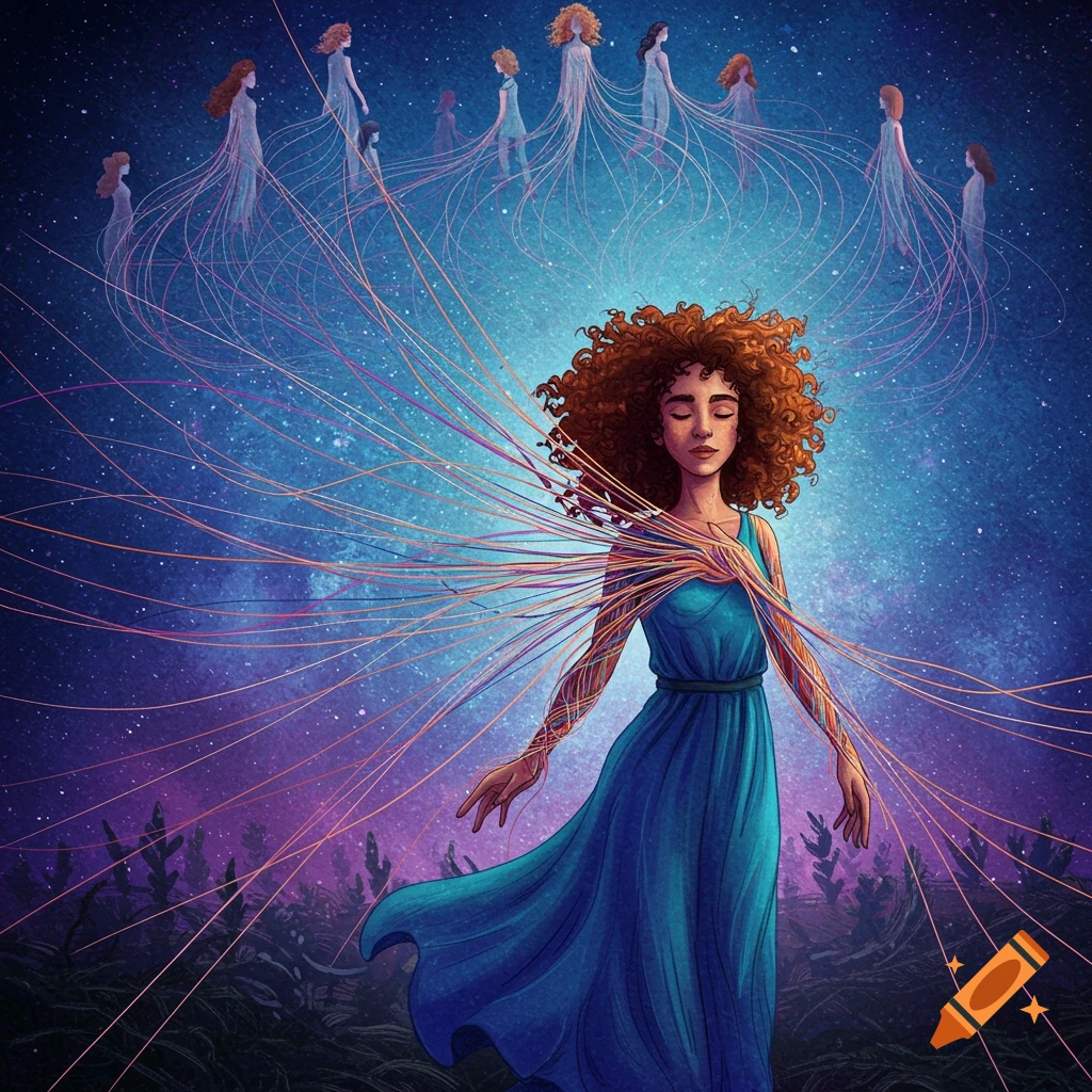 A woman is connected by glowing strings to other figures floating in a cosmic, starry sky above a field.