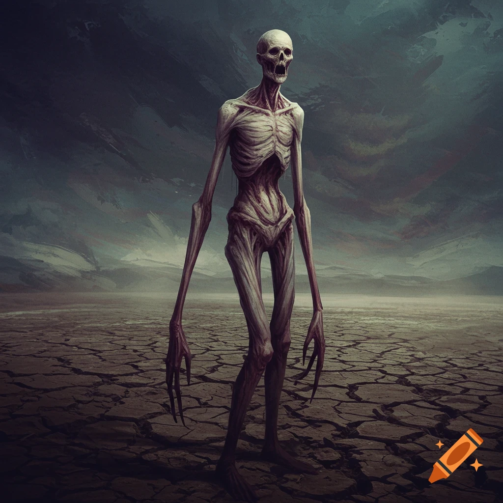 A skeletal creature stands in a cracked desert landscape.