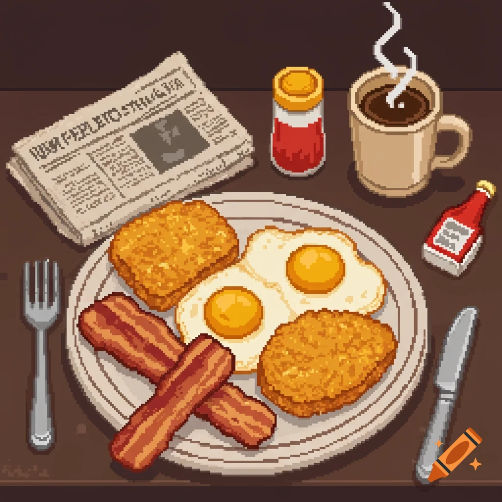 Pixel art of a breakfast plate with bacon, sunny-side-up eggs, hash browns, served with coffee, a newspaper, and ketchup.