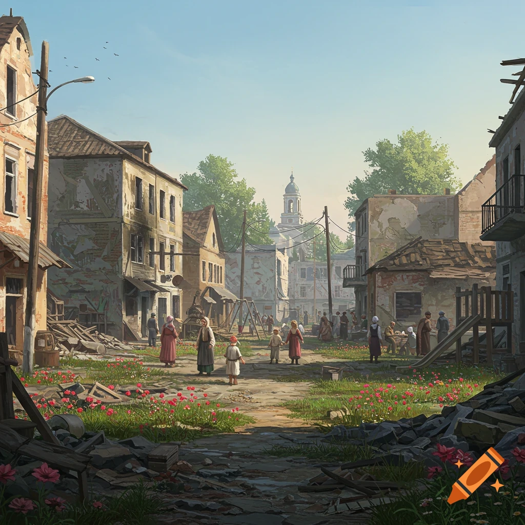 A town square with damaged buildings, people walking, and flowers growing amongst rubble.