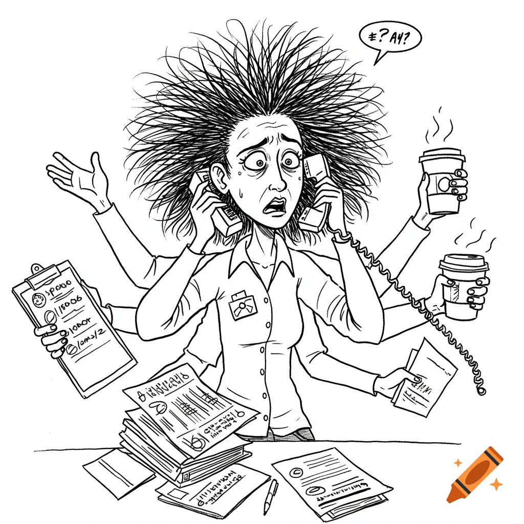 Black and white line art illustration of a frazzled person juggling phones, coffee, and paperwork with multiple arms.