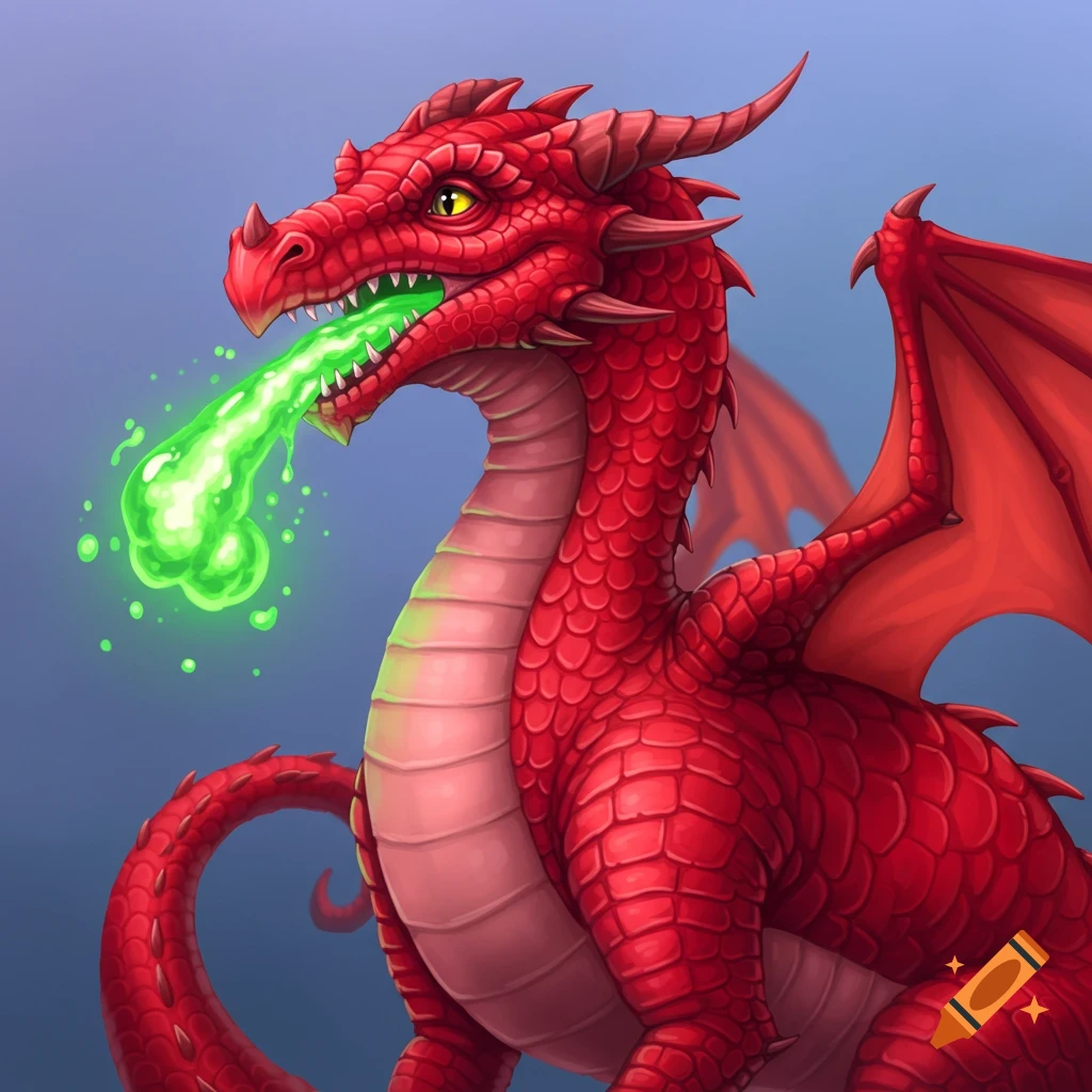 A red dragon breathing green fire.