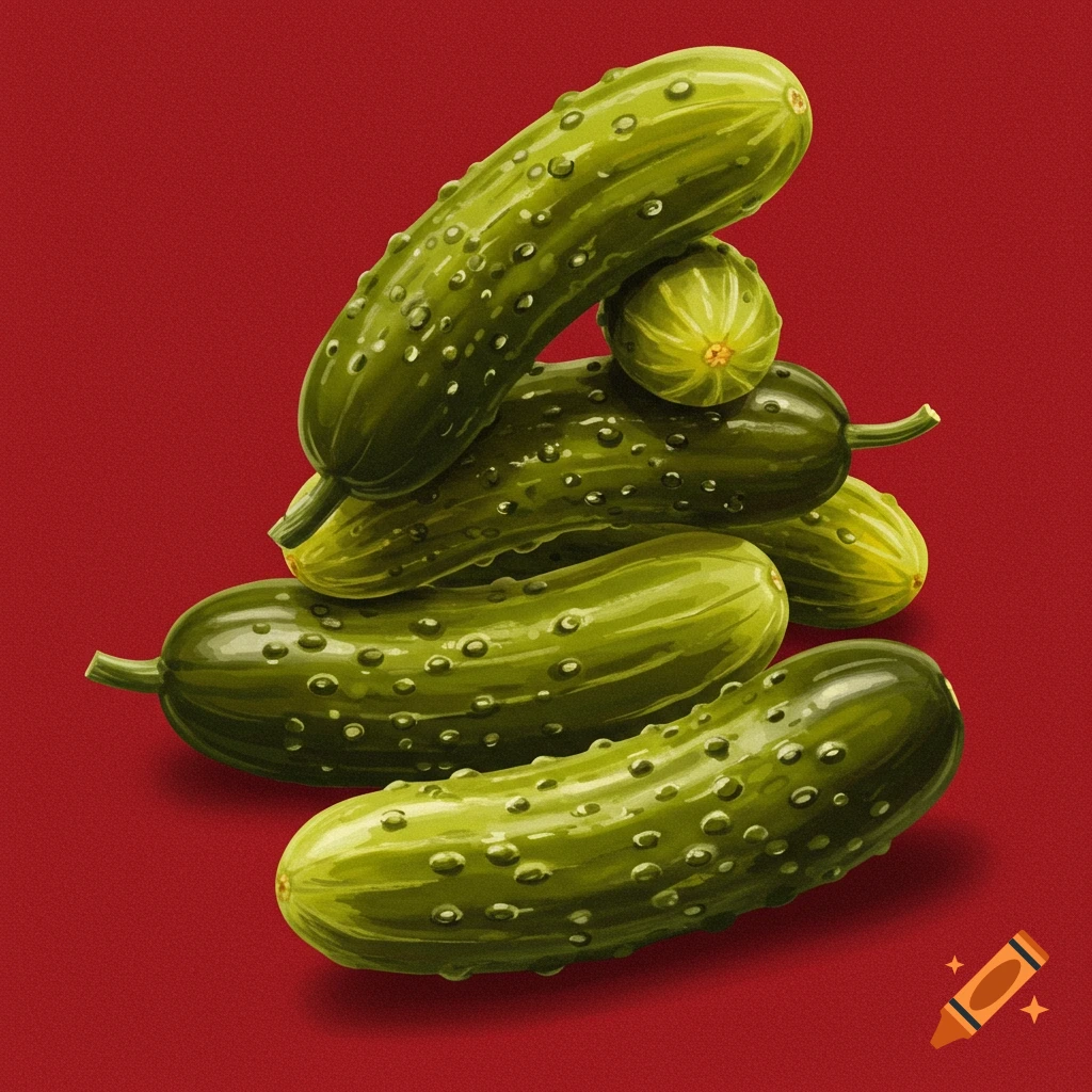 A pile of pickles on a red background.